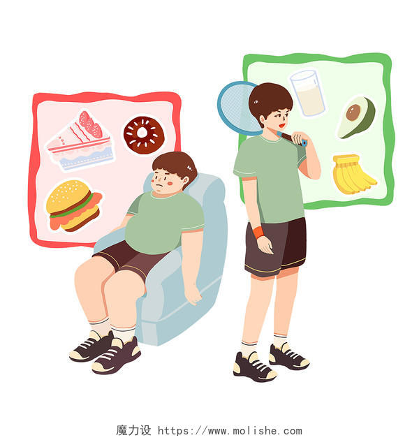 男生健康减肥对比健康饮食生活懒惰颓废垃圾食品对比PNGsu健康减肥对比元素